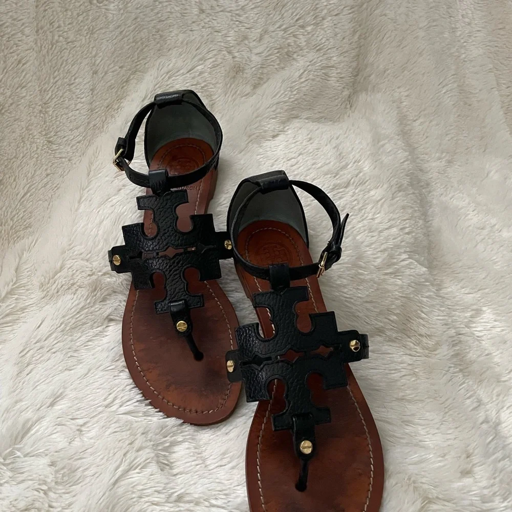 Tory Burch Black Leather Logo T-Strap Sandals
